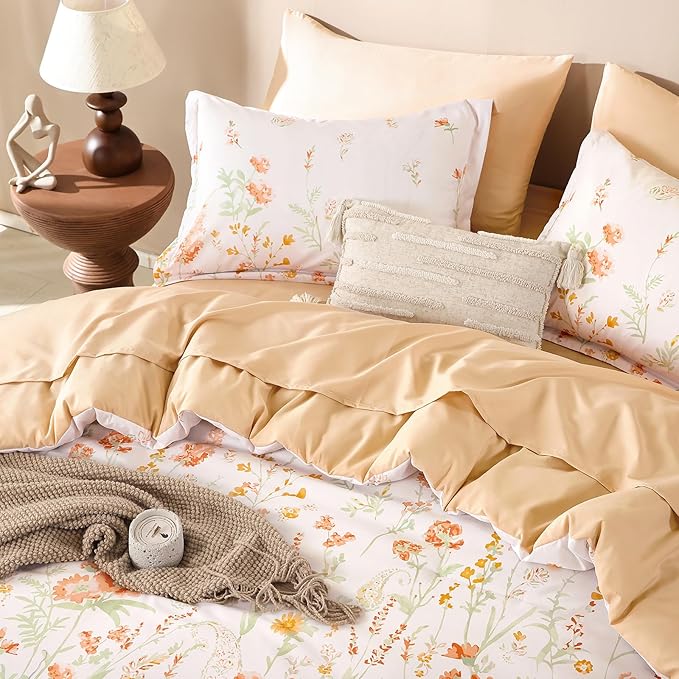 Yiran Coral Orange Watercolour Floral Comforter Set King Size, 7 Piece Cute Botanical Comforter Bedding Set, Bed in a Bag King, Soft Microfiber Complete Bedding Set with Sheets for All Season