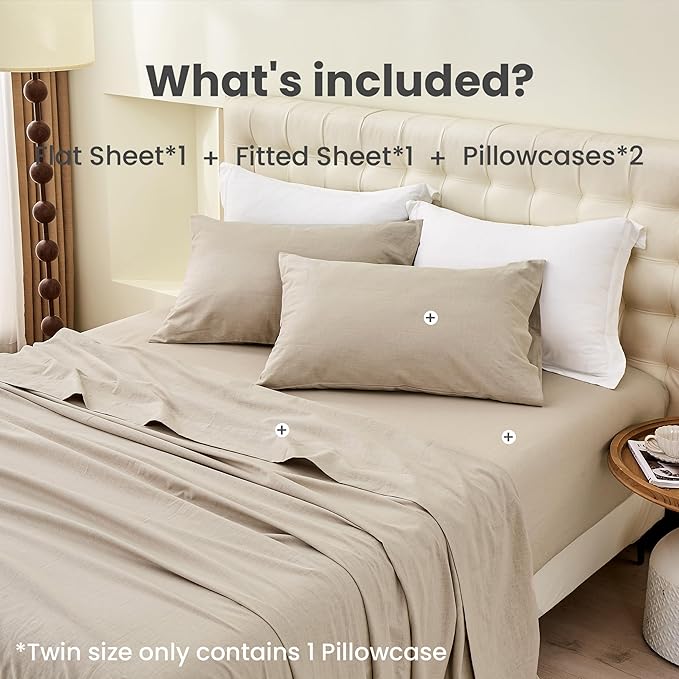Simple&Opulence Belgian Linen Sheet Set Solid Color - Sheet Set 4PC - Cal King Natural Flax Cotton Blend Soft Bedding Breathable Farmhouse - Khaki, California King