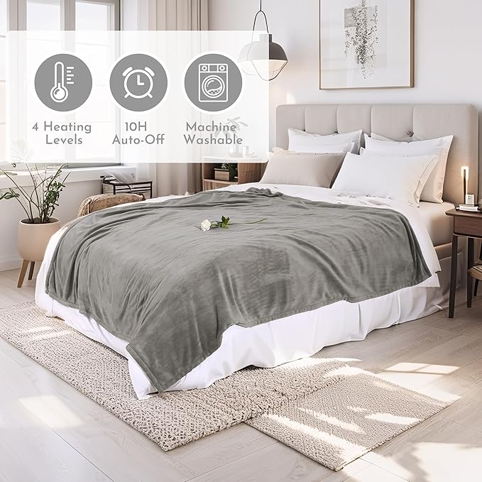 Electric Heated Blanket 90"x100" King Size Microplush Cover Blanket, 4 Heat Settings & 10 Hours Auto Off, Cozy & Warm for All Night, Machine Washable, Light Grey