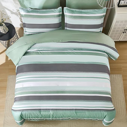 WONGS BEDDING Green Comforter Queen Size Set, 7 Pieces Bed in a Bag Green and Grey Comforter Set, Soft Boho Striped Bedding Sets with Sheets, Pillowcases & Shams