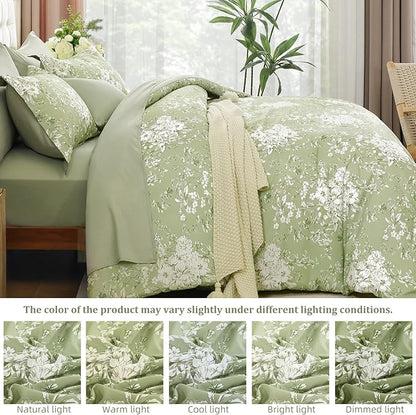 WONGS BEDDING Queen Size Comforter Set, 8 Pieces Sage Green Floral Bed in a Bag Comferter Sets, Botanical Print Soft Fluffy Microfiber Complete Bedding Sets for All Season (90"x90")