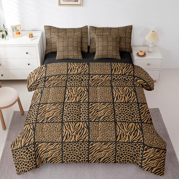 Brown Leopard Print Full Comforter Set 7 Pcs,Cheetah Zebra Skin Kids Comforter Blanket,Geometric Grid Splicing Bedding Sets with Comforter,Flat Sheet,Fitted Sheet,Pillowcases and Pillow Covers