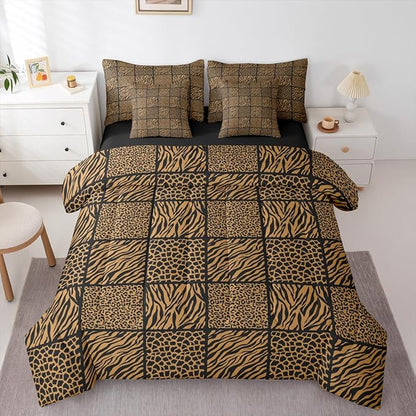 Castle Fairy Brown Leopard Print 7 Pieces Bed Sets Queen,Cheetah Zebra Skin Kids Comforter Set,Geometric Grid Splicing Bedding Set with 1 Comforter,2 Sheets,2 Pillowcases & 2 Throw Pillow Covers