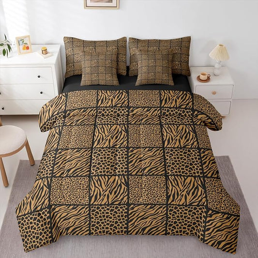 Castle Fairy Brown Leopard Print 7 Pieces Bed Sets Queen,Cheetah Zebra Skin Kids Comforter Set,Geometric Grid Splicing Bedding Set with 1 Comforter,2 Sheets,2 Pillowcases & 2 Throw Pillow Covers
