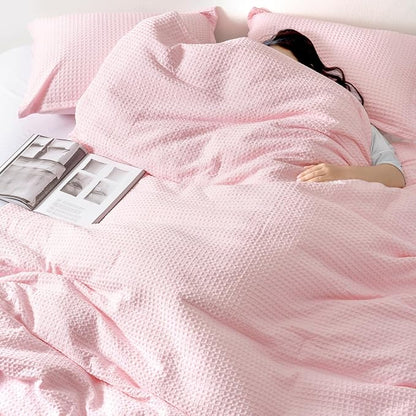 David's Home Waffle Weave Comforter Set 3PCS Queen Size, Soft Breathable Lightweight Cozy Skin-Friendly Warm for All Season, Elegant Aesthetic Home Decor Bedding Set with Pillow Shams, Pink