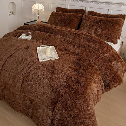 chovy Faux Fur Plush Coffee Comforter Sets King - Ultra Soft Shaggy Flannel Velvet Fluffy Fuzzy 3PC Bedding Set （Comforter x 1 Pillowcases x 2）