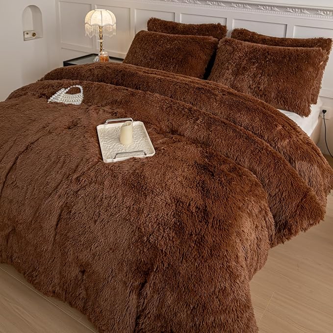 chovy Faux Fur Plush Coffee Comforter Sets Twin/Full Size - Ultra Soft Shaggy Flannel Velvet Fluffy Fuzzy 3PC Bedding Set （Comforter x 1 Pillowcases x 2）