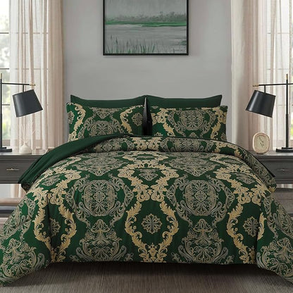 WONGS BEDDING Green Damask King Size Comforter Set, 7 Piece Texture Microfiber Comforter Bedding Set for All Season, Bed in a Bag with Comforter, Flat Sheet, Fitted Sheet, Pillowcases & Shams