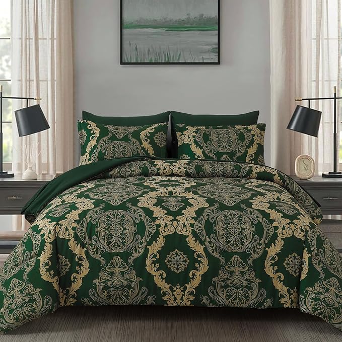 WONGS BEDDING Green Damask Queen Size Comforter Set, 7 Piece Texture Microfiber Comforter Bedding Set for All Season, Bed in a Bag with Comforter, Flat Sheet, Fitted Sheet, Pillowcases & Shams