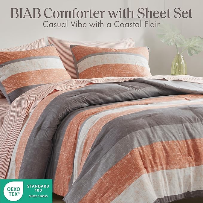 Madison Park Essentials Jaxon Full Comforter Set, Bed in A Bag Comforter & Sheet Set, Modern Casual Stripes Print, All Seasons, Soft Bedding Makeover, Matching Sham, Full Coral/Grey 7 Piece
