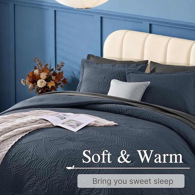 Geniospin King Size Comforter Set - 7 Pieces Blue Gray Textured King Bedding Sets with Comforter, Sheets, Pillowcases & Shams，All Season Blue Gray Bedding