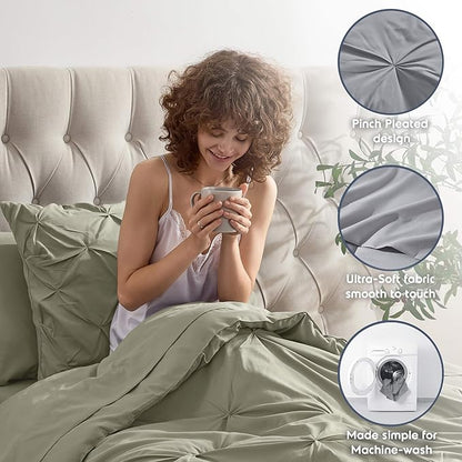 Nestl Twin XL Comforter Set 5 Piece - Pintuck Twin XL Bedding Set Light Sage, College Dorm Room Essentials Bed in a Bag, Twin XL Comforter Set for College Girls & Boys with Sheets, Pillowcase and Sham