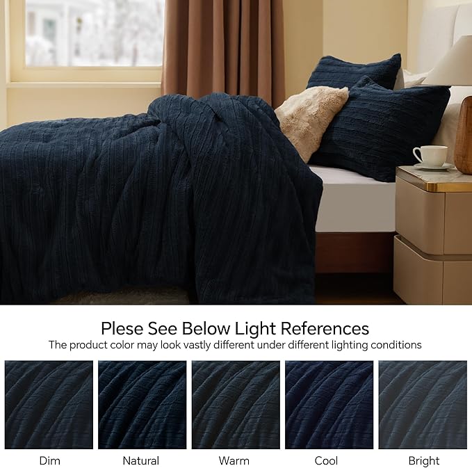 BEDELITE Fleece Twin Comforter Set -Super Soft & Warm Fluffy Navy Faux Fur Bedding, Luxury Fuzzy Heavy Bed Set for Winter with 1 Pillow case