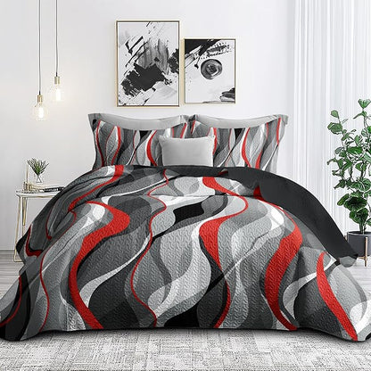 weesire Classic Line Pattern Bedding Quilt King Size Modern Grey Red and Black Stripe Quilt with 2 Shams, Gray and Red Comforter Sets Lightweight Breathable Bedspreads Coverlet, 96''x106''