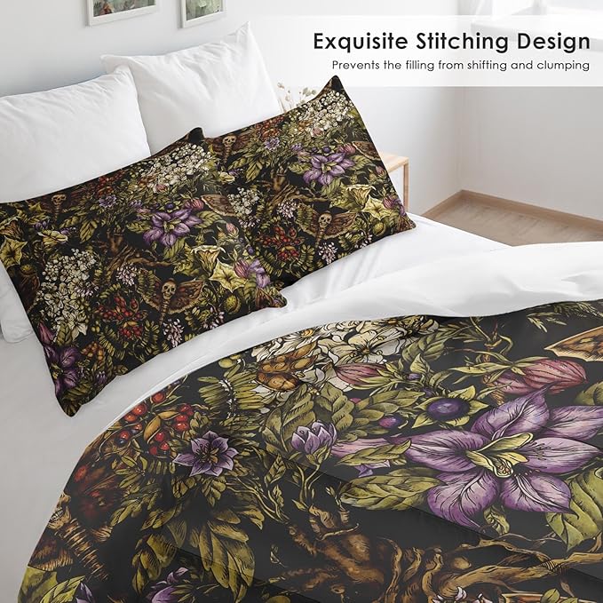 Comforter Set Queen Size, Flower Plants Vintage Moth Soft 3 Pcs Bedding for Kids and Adults, Witch Comforter Set with 2 Pillowcases, for Bedroom Bed Decor
