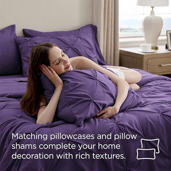 Bedsure Full Comforter Set Purple - Bed in a Bag Full Size Bedding Set 7 Pieces, GentleSoft™ Pintuck Bed Set Gift for Family, Pinch Pleat All Season Comforter with Sheets, Pillowcases & Shams