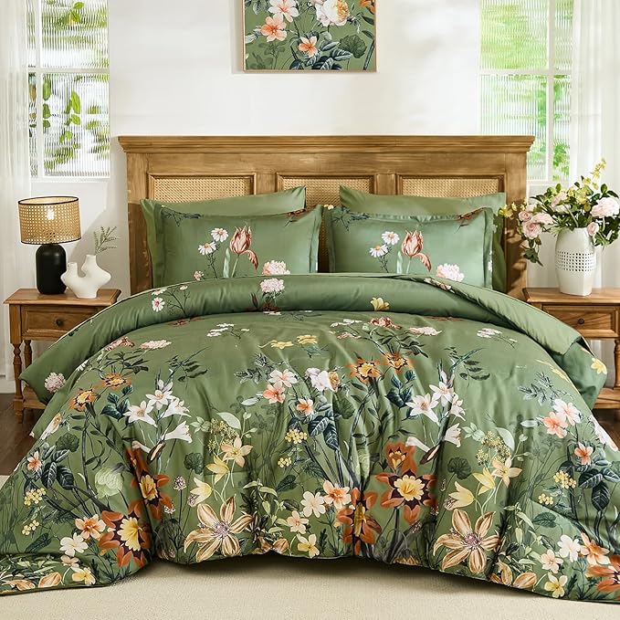 WONGS BEDDING Green Floral Comforter Set King, 7 Piece Bed in a Bag Bedding Set with Botanical Flowers Patterns, Soft Lightweight Complete Comforters with Sheets for All Season