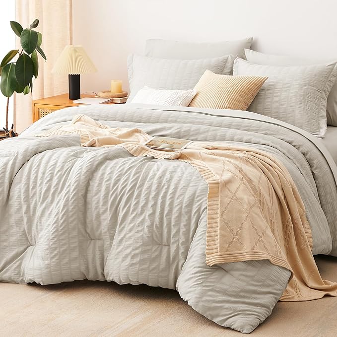 CozyLux Oversized Queen Comforter Set Beige Seersucker 7 Pieces 98x98 Bed in a Bag Comforter Set with Sheets, Luxury Soft Bedding Sets with Down Alternative Comforter, Sheets, Pillowcases & Shams