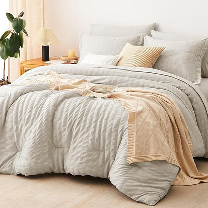 CozyLux Twin Comforter Set with Sheets Seersucker 5 Pieces, Beige Bed in a Bag for Bedroom, Textured Luxury Soft Bedding Set with Down Alternative Comforter, Sheets, Pillowcase & Sham for All Seasons