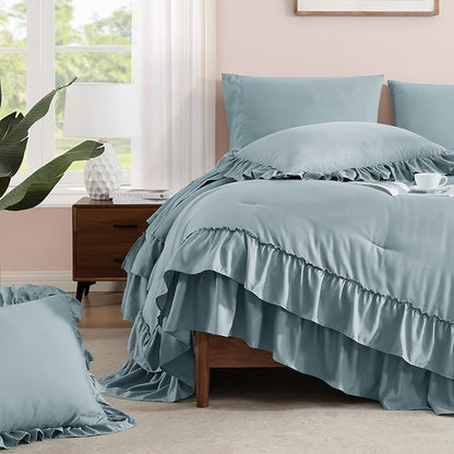 King Size Comforter Set Dusty Blue, Ruffle Shabby Chic Bedding Set Farmhouse 7 Pieces, All Season Fluffy Bed in a Bag with Sheets, Pillowcases & Shams