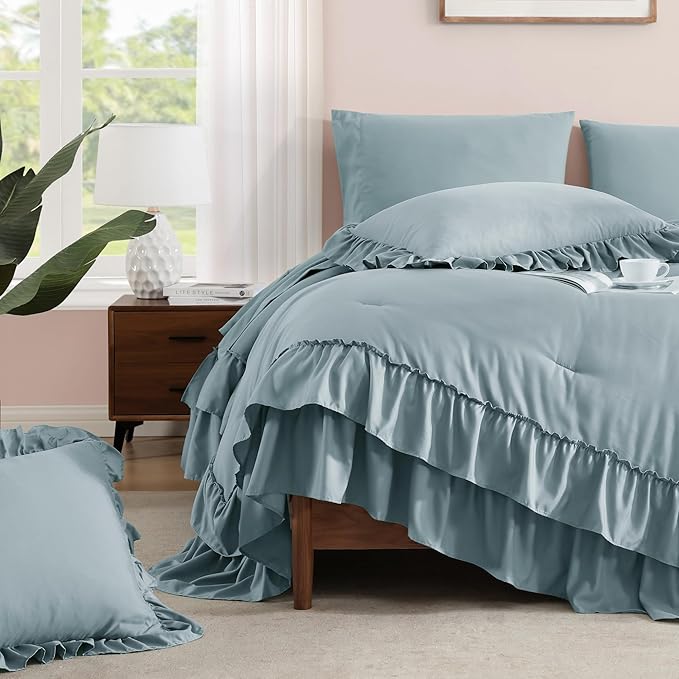 Full Comforter Set Dusty Blue, Ruffle Shabby Chic Bedding Set Farmhouse 7 Pieces, All Season Fluffy Bed in a Bag with Sheets, Pillowcases & Shams