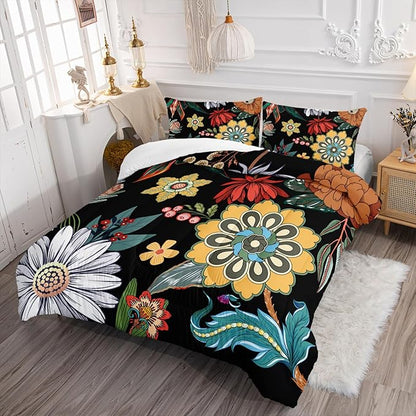 3 Pieces Colorful Floral Comforter Set,Bohemian Botanical Bedding Set King Size,All Season Lightweight Soft Microfiber Bedding with 2 Pillow Shams
