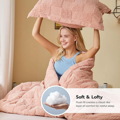 Joiedomi Tufted Twin Comforter Set, 2 Pieces Coral Pink Boho Twin Bedding Set with 1 Plaid Geometric Comforter and 1 Pillow Sham, Checkered Bed in a Bag for All Seasons