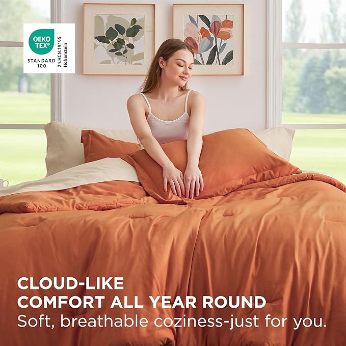 Bedsure Twin Comforter Set - 5 Pieces Burnt Orange Twin Bedding Set for All Seasons, Boho Contrasting Design Bed in a Bag with Comforter, Sheets, Pillowcase & Sham