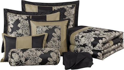 Chezmoi Collection Cameron Comforter Set California King Size, 7-Piece Black Gold Hibiscus Floral Jacquard Bedding Set