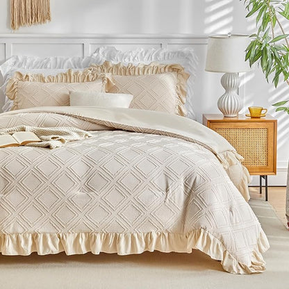Flysheep Tufted Grids Ruffle Comforter Set King Size, 3 Pieces Beige Vintage Farmhouse Shabby Chic Comforters, Jacquard Boho Bohemian Bedding Set for All Season (1 Ruffled Comforter+ 2 Pillow Shams)