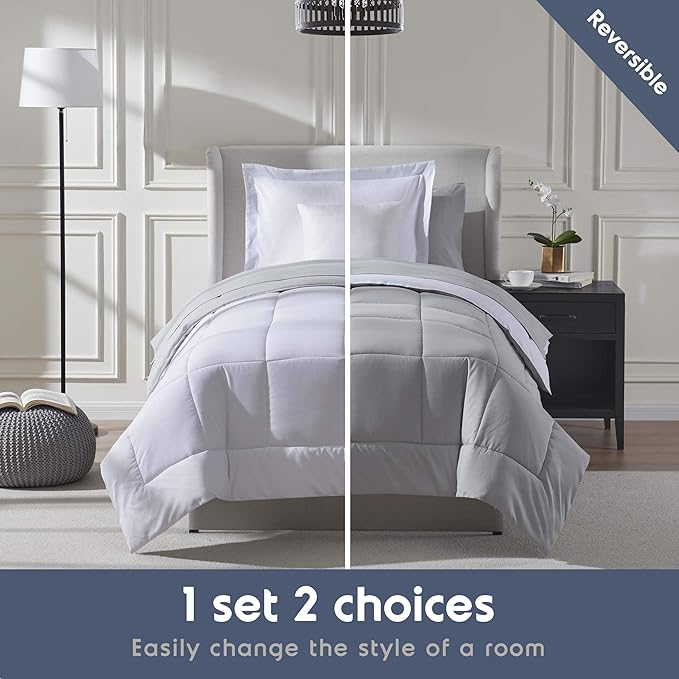 Nestl 5 Piece Twin Comforter Set – White Reversible Bed in a Bag – Complete Twin Size Bedding Set with Sheets, Pillowcase and Sham