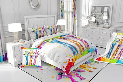 Manfei Watercolor Giraffe Comforter Set for Kids Adults,Rainbow Paint Graffiti African Wildlife Bedding Comforter Sets Toddler,Hand Drawm Animals Cartoon Quilt Comforter with 1 Pillowcase