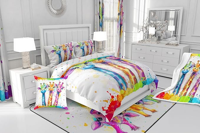 Manfei Watercolor Giraffe Comforter Set for Kids Adults,Rainbow Paint Graffiti African Wildlife Bedding Comforter Sets King,Hand Drawm Animals Cartoon Quilt Comforter with 2 Pillowcases