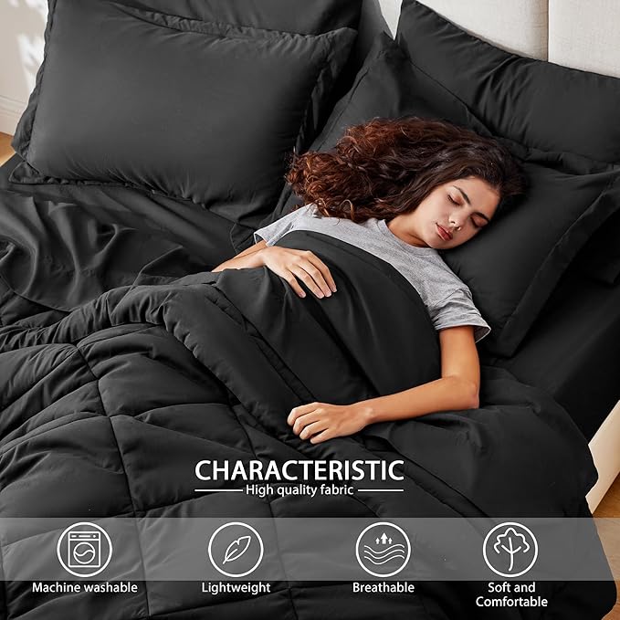 Love's Cabin Oversized Queen Comforter Set, 7 Pieces Queen Bed in a Bag, All Season Bedding Sets with 1 Comforter, 1 Flat Sheet, 1 Fitted Sheet, 2 Pillowcase and 2 Pillow Sham, Black