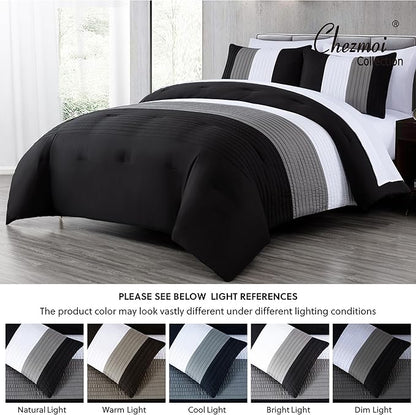 Chezmoi Collection Briar 7-Piece King Bed in a Bag - All Season Lightweight Microfiber Comforter Set - Includes Sheets & Shams - Black/Gray/White Pleated Stripe Design