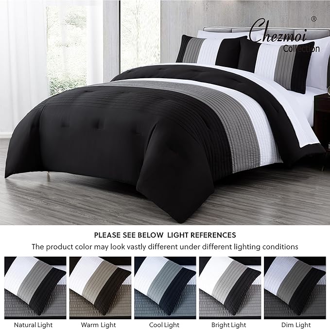 Chezmoi Collection Briar 7-Piece Full Bed in a Bag - All Season Lightweight Microfiber Comforter Set - Includes Sheets & Shams - Black/Gray/White Pleated Stripe Design