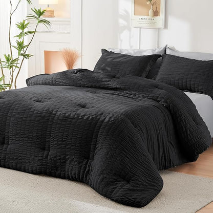 HYMOKEGE Black/Light Grey Full Size Comforter Sets Seersucker 7 Pieces, All Season Luxury Bed in a Bag for Bedroom, Bedding Set with Comforter, Sheets, Pillowcases & Shams