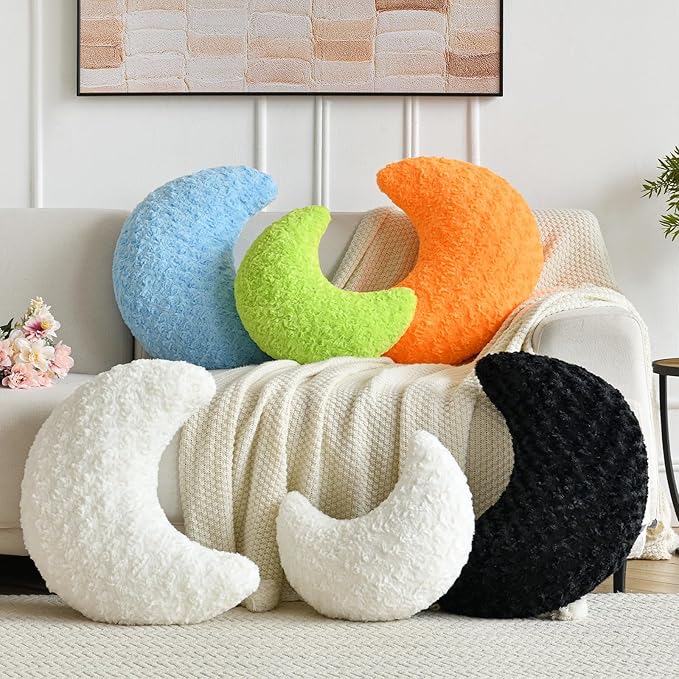Moon Shaped Pillow with Soft Faux Fur for Couch, Bed, Sofa - Cute Half Moon Pillows with Room Decor for Bedroom, Living Room (14.9 Inches, Orange)