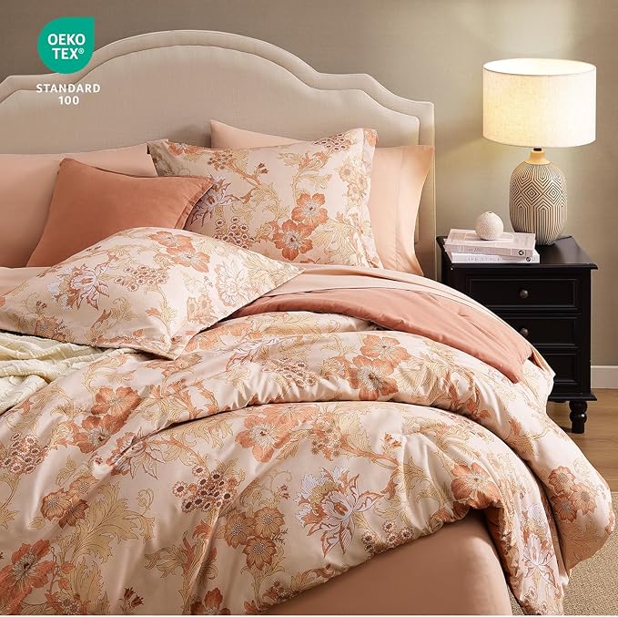 King Comforter Set -7 Pieces Terrecotta Floral Comforter Set for All Seasons, Bed in a Bag King with Botanical Flowers Comforter, Sheets, Pillowcases & Shams