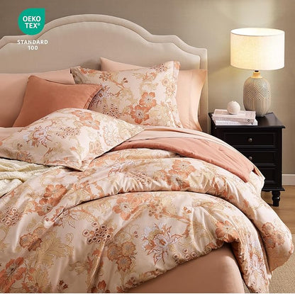 King Comforter Set -7 Pieces Terrecotta Floral Comforter Set for All Seasons, Bed in a Bag King with Botanical Flowers Comforter, Sheets, Pillowcases & Shams