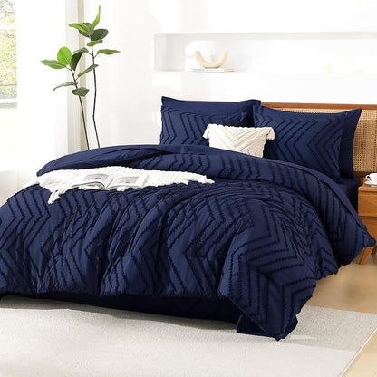 Litanika Queen Size Comforter Set with Sheets Navy Blue - 7 Pieces Bed in a Bag Queen Chevron Tufted Complete Bedding Sets with Comforter, Sheets, Pillowcases & Shams