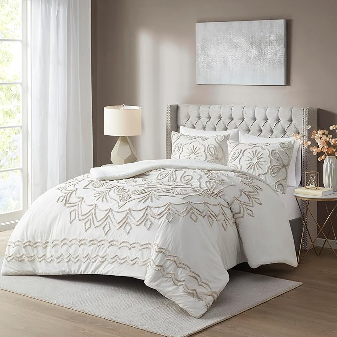 Madison Park Violette Chenille Cotton Tufted Comforter Large Medallion Design, All Season, Hypoallergenic, Soft Bedding Set, Matching Sham, Full/Queen, Ivory/Taupe 3 Piece