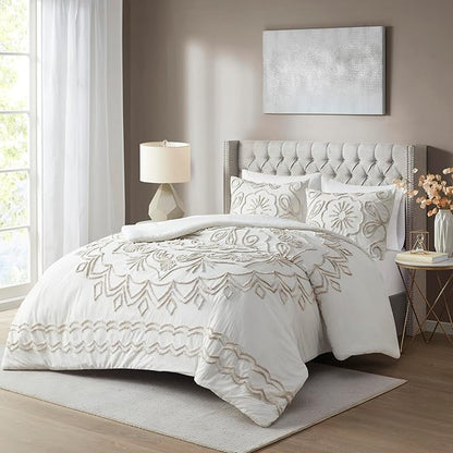 Madison Park Violette Chenille Cotton Tufted Comforter Large Medallion Design, All Season, Hypoallergenic, Soft Bedding Set, Matching Sham, Full/Queen, Ivory/Taupe 3 Piece