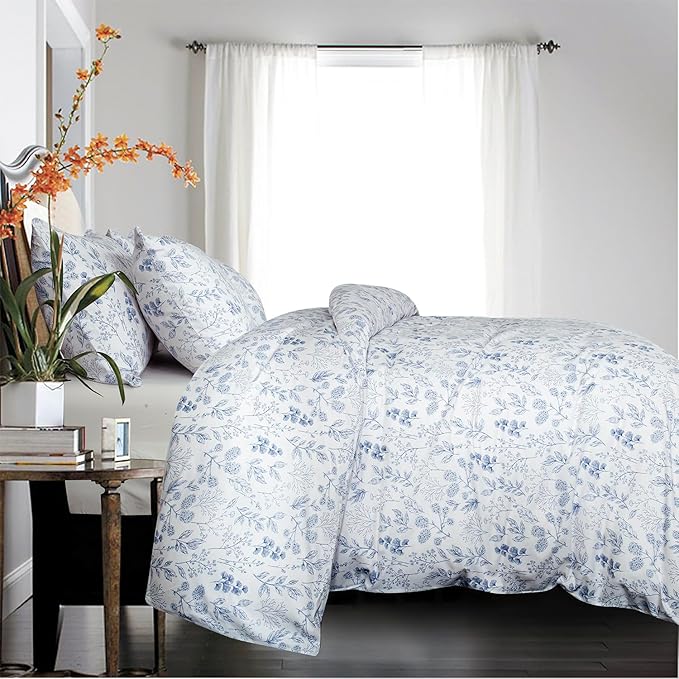 Queen Floral Comforter Set 3 Pieces Soft Cute Bedding Blue Flower Print Botanical Garden Style Comforter and 2 Pillowcases