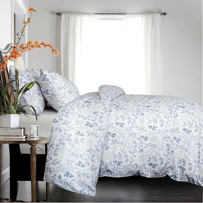 Queen Floral Comforter Set 3 Pieces Soft Cute Bedding Blue Flower Print Botanical Garden Style Comforter and 2 Pillowcases