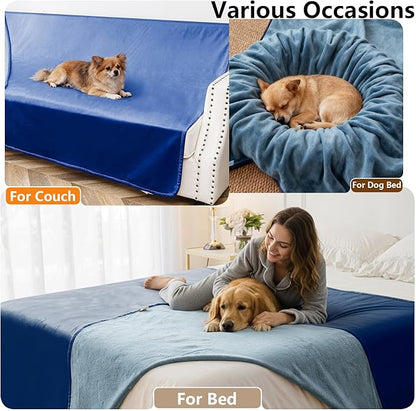 Waterproof Dog Blankets, Washable Pee Proof Pet Blanket for Couch, Soft Reversible Puppy Throw Furniture Protector Cover for Bed Sofa-68"x82",Navy Blue+Stone Blue