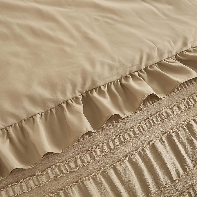 WONGS BEDDING Khaki Comforter Set King,3 Pieces Ruffle Farmhouse Shabby Chic Comforter for King Bed,Soft Textured Boho Bedding Set with 1 Ruffle Comforter,2 Tufted Pillowcases 104"×90"