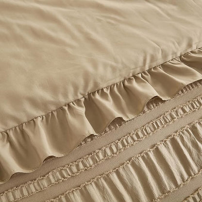 WONGS BEDDING Khaki Comforter Set King,3 Pieces Ruffle Farmhouse Shabby Chic Comforter for King Bed,Soft Textured Boho Bedding Set with 1 Ruffle Comforter,2 Tufted Pillowcases 104"×90"