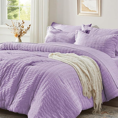 Zzlpp Full Comforter Set 7 Pieces, Light Purple Seersucker Bed in a Bag with Comforter, Pillow Shams, Pillowcases, Flat Sheet, Fitted Sheet