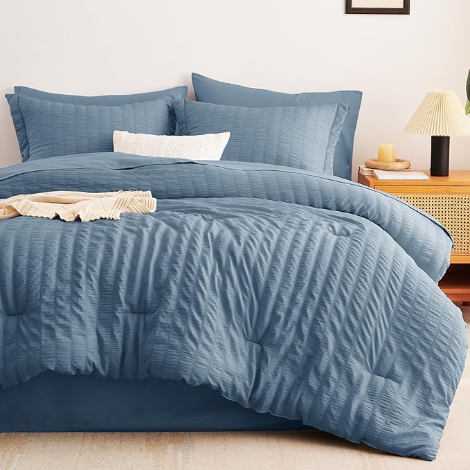 CozyLux Grayish Blue Queen Comforter Set Seersucker 7 Pieces Dusty Blue Bed in a Bag Queen Comforter Set with Sheets, Luxury Bedding Set with Down Alternative Comforter, Sheets, Pillowcases & Shams